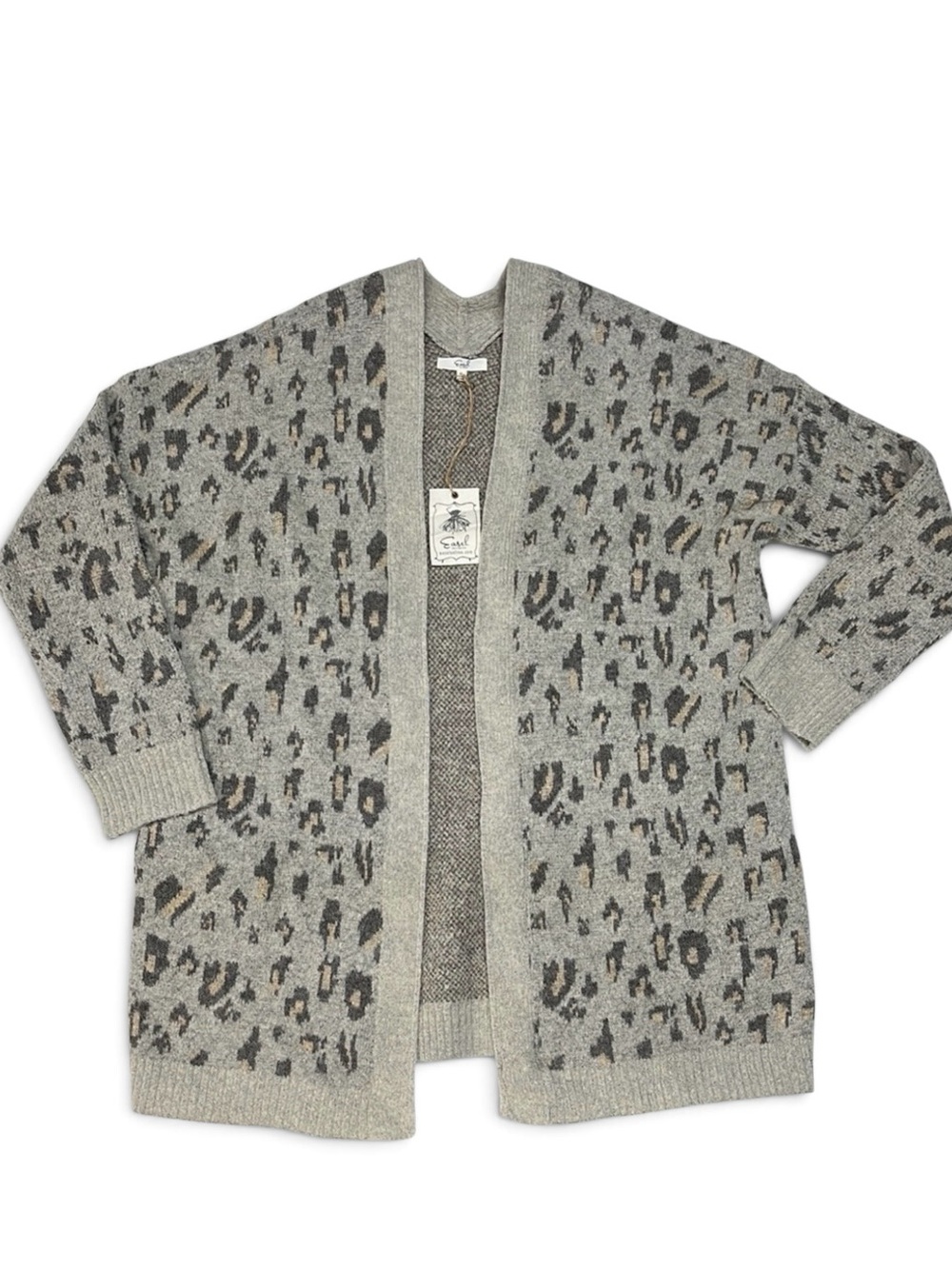 New Easel Leopard Knit Pattern Open Front Long Cardigan Sweater Gray Women Small - Picture 13 of 14